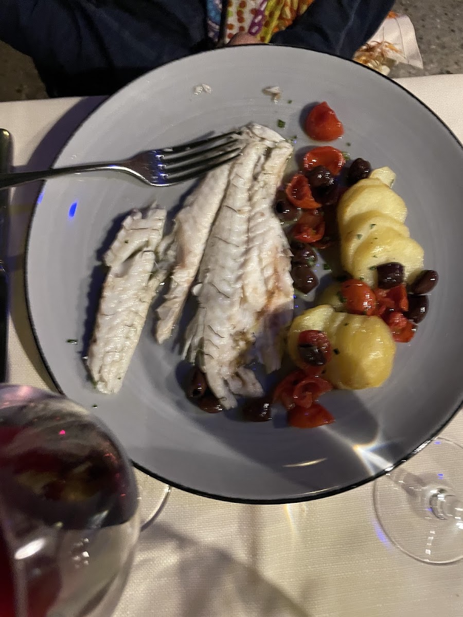 Sea Bass with olives and tomatoes