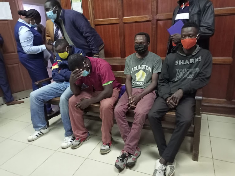 Part of the 16 bodaboda riders who were presented before Milimani law Courts on Wednesday charged with sexually a assaulting a lady driver on Wangari Maathai Road, March 9, 2022.