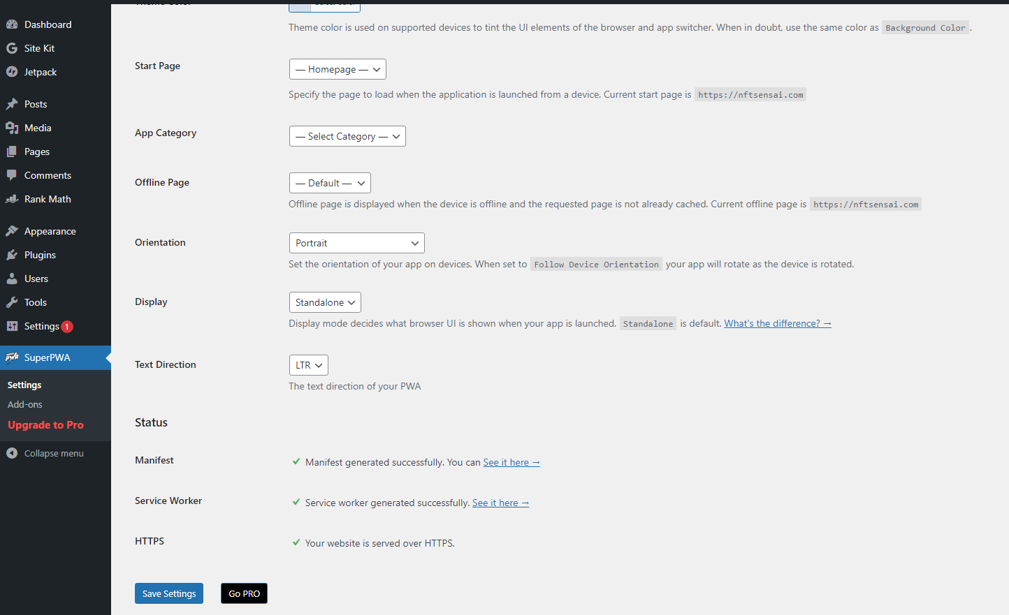 SuperPWA plugin configuration options in the WordPress dashboard