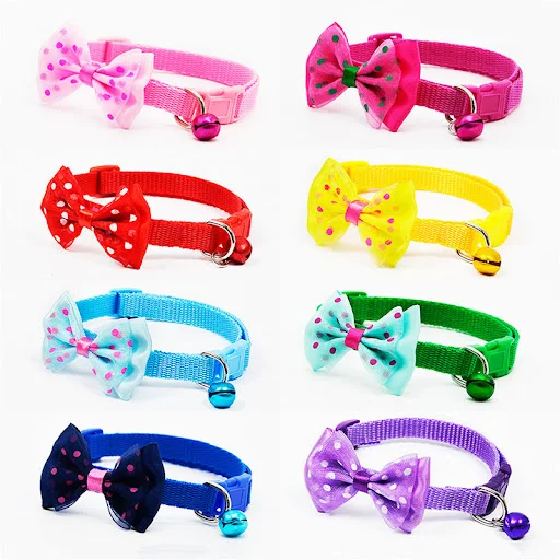 Pet Collar With Bells Cartoon Footprint Colorful Safety Buckle Adjustable Belt Bow Collar Nylon Kitten Collar For Cat D