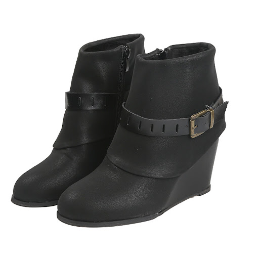 Title 6, Buckled wedge high heel side zipper short boots...