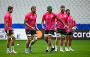 Springbok forwads (from left) Franco Mostert, RG Snyman, Eben Etzebeth, Jean Kleyn and Frans Malherbe during the captain's run ahead of clash with Ireland at the Stade de France in Saint Denis, Paris, France.