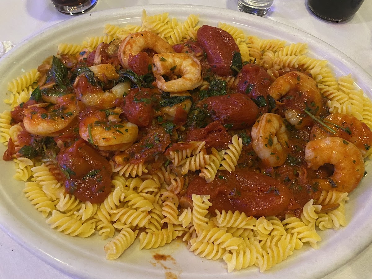 Shrimp with red sauce and gf pasta