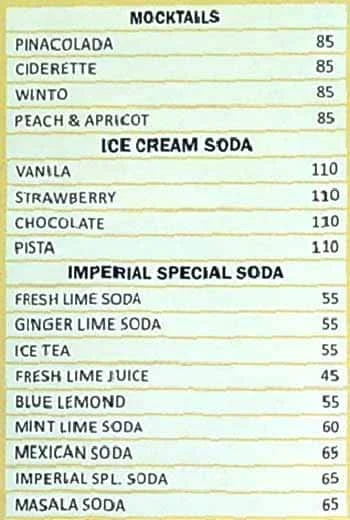 Imperial Restaurant menu 