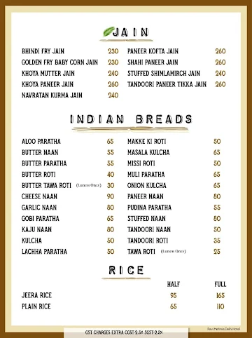 Ravi Mehra's Delhi Hotel menu 