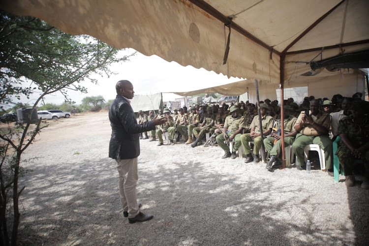 Interior CS Kithure Kindiki addressing the security officers conducting search and rescue efforts at Shakahola, Kilifi County on May 25,2023.