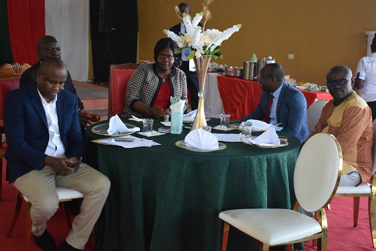 Homa Bay Governor Gladys Wanga with the National Housing Corporation officials led by Managing Director David Mathu and others in Homa Bay town on October 4,2023