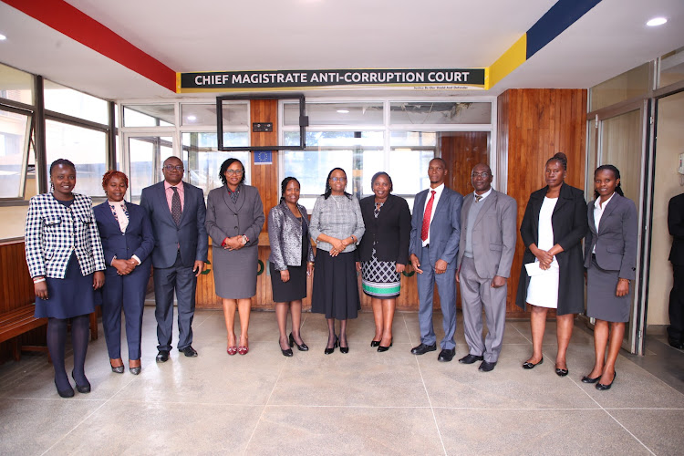 Chief Justice Martha Koome with Chief Registrar Frida Mokaya and Justice Nixon Sifuna and other judicial officers at Milimani Anti-Corruption Court on April 9, 2024.