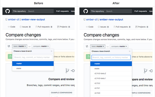 Github compare tags chrome extension