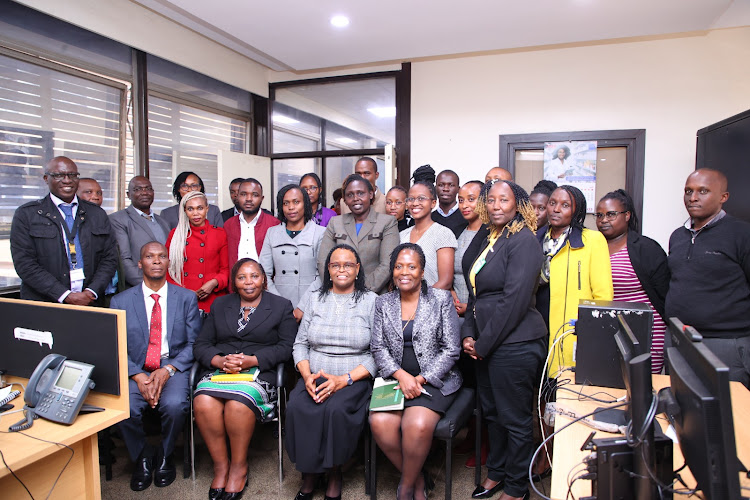 Chief Justice Martha Koome with Chief Registrar Frida Mokaya and Justice Nixon Sifuna and other judicial officers at Milimani Anti-Corruption Court on April 9, 2024.