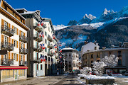 The Place de l'Eglise in the centre of Chamonix, France, regarded as the birthplace of mountaineering.