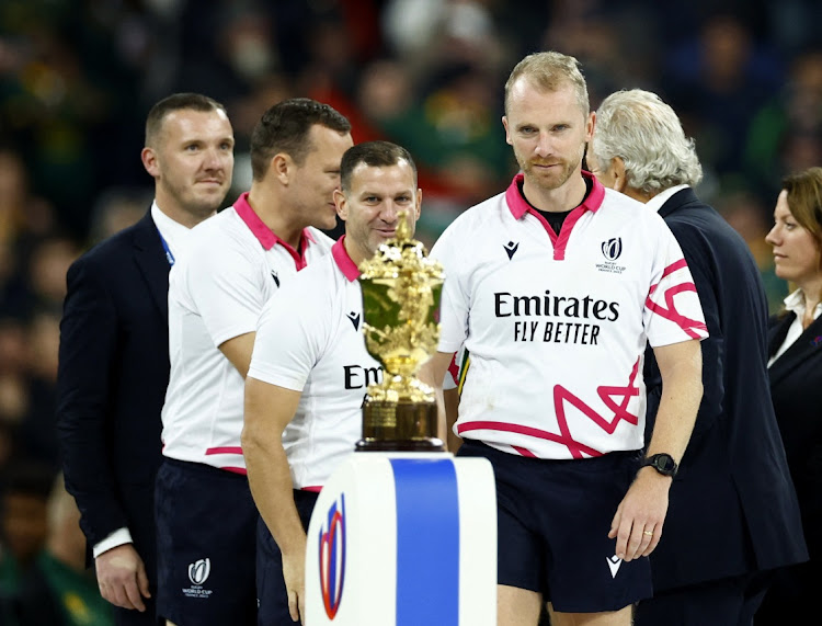 Referee Wayne Barnes before receiving a medal during the ceremony that followed South Africa's World Cup final win over New Zealand at Stade de France on October 28 2023.