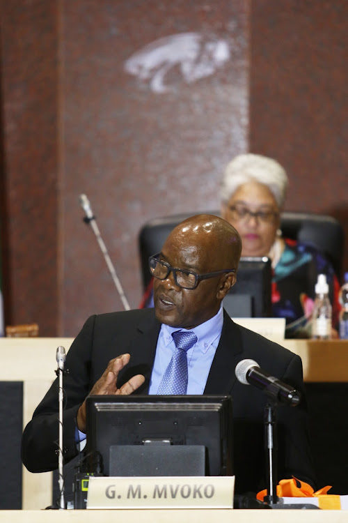 Eastern Cape finance and economic development MEC Mlungisi Mvoko, with house speaker Helen Sauls-August in the background, delivers his provincial budget speech