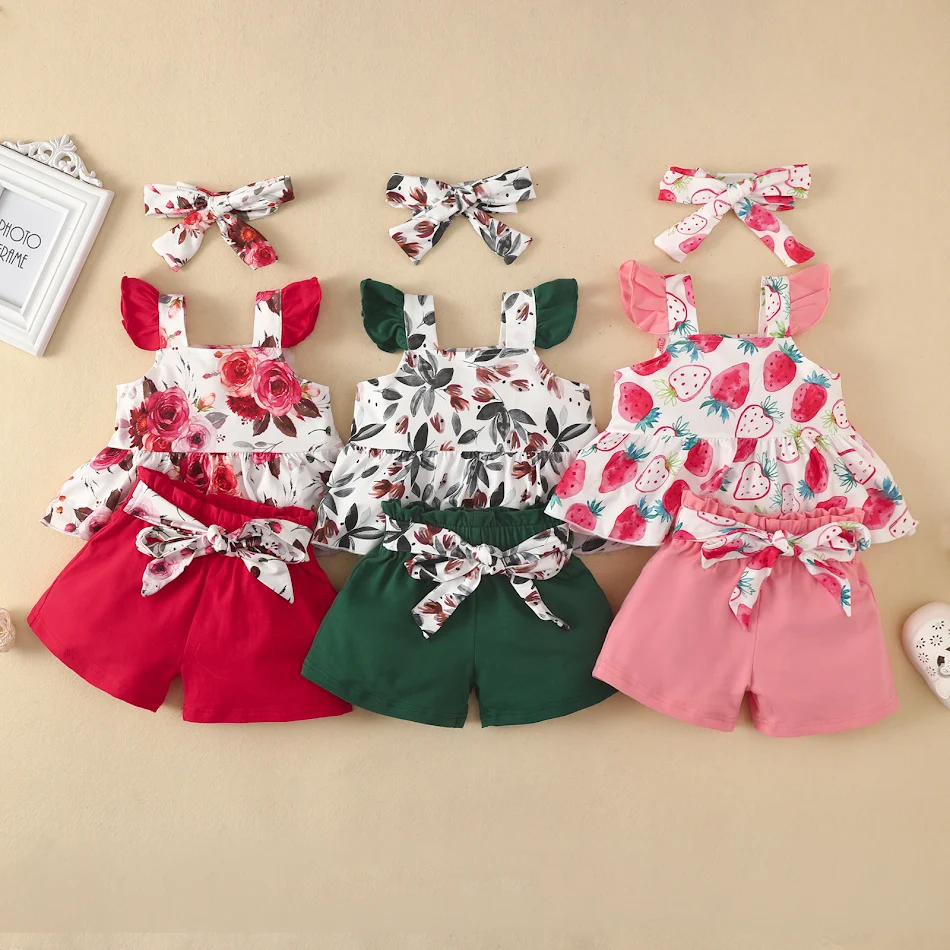 Girls' fashion three-piece suit with flounced sleeve top and shorts, a stylish and comfortable outfit, perfect for every