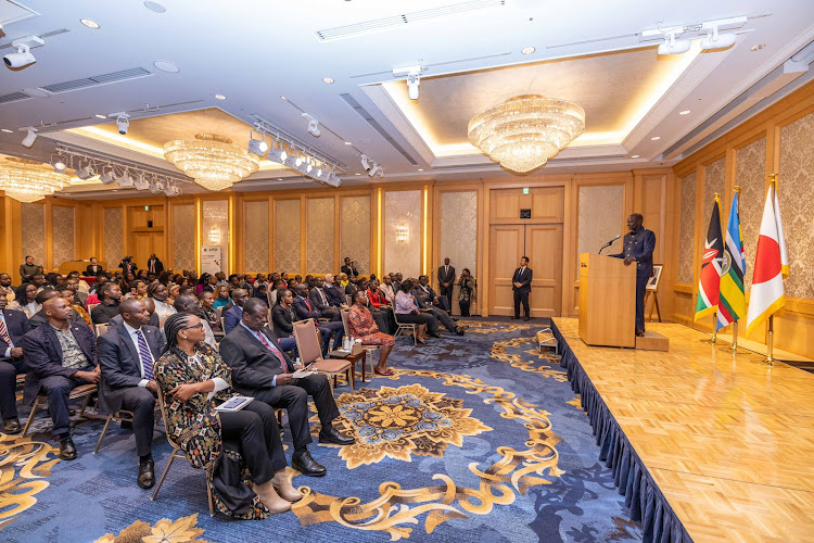 President William Ruto speaks to Kenyan diaspora in Tokyo during an engagement on February 7, 2024.