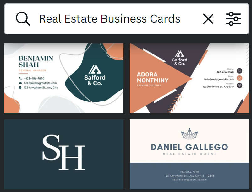 Screenshot of ready to use templates for real estate business cards on Canva