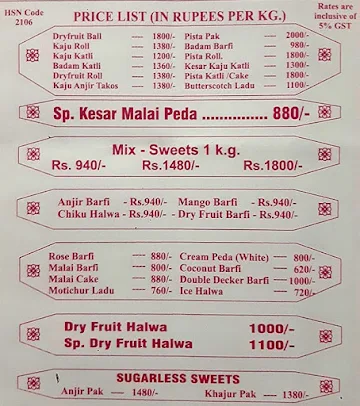 Eastern Sweets menu 