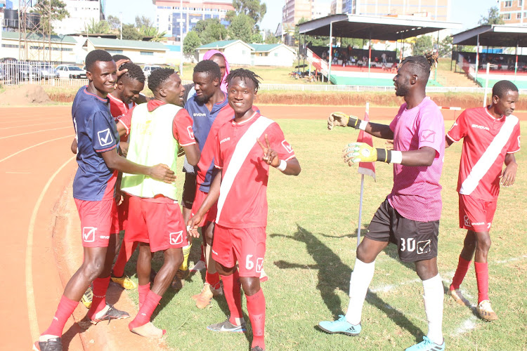 Gusii FC players celebrate after win against Kibera Black Stars