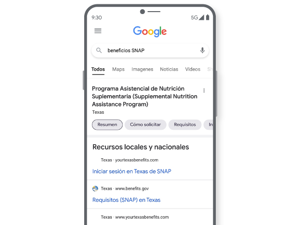Una imagen de un teléfono muestra los resultados de una búsqueda de Google: "beneficios SNAP". La página muestra resultados detallados y localizados para la elegibilidad SNAP y enlaces para aplicar.