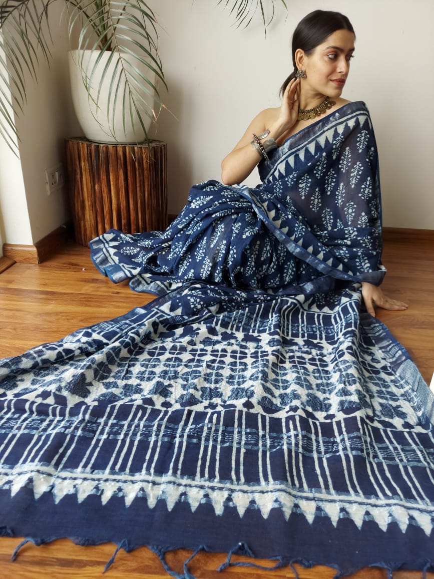 Hand block printend soft linen sarees