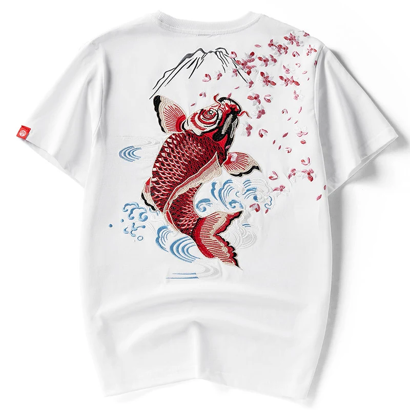 Besticktes Karpfenmuster Kurzarm-T-Shirt aus reiner Baumwolle. Bequemes und atmungsaktives Design für den Sommer. Erleben Sie puren Komfort.
