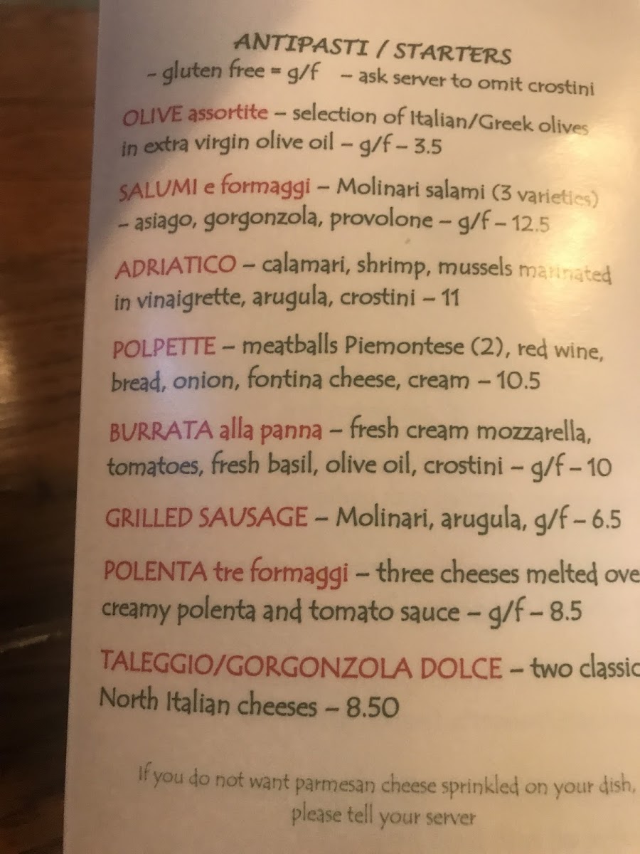 il vecchio gluten-free menu