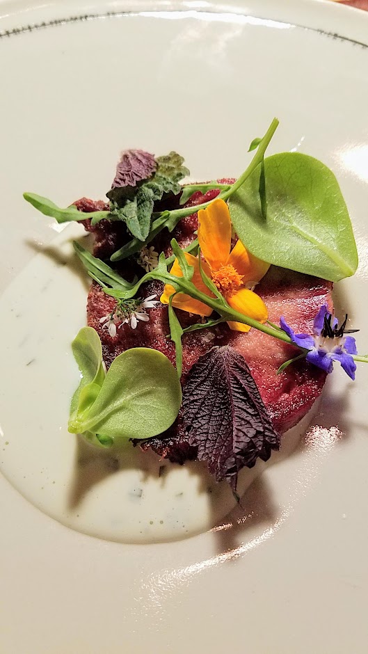 Langbaan Chefs Who Inspire Dinner with Edouardo Jordan of Salare and Junebaby, a collaboration with Chef Earl Ninsom of Langbaan to benefit Farestart. Beef Tongue with lettuces, flowers, and buttermilk dressing</strong>. Paired with Marc Bredif Classic Vouvray from Loire France, 2016