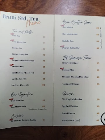 Irani Standard Tea menu 