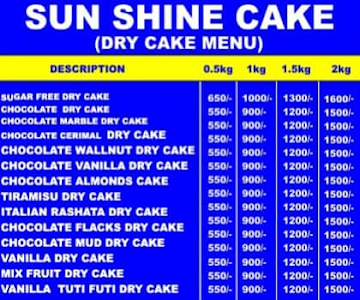 Sun Shine Cake menu 