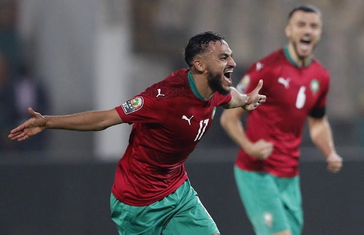 Morocco's Sofiane Boufal celebrates scoring against Ghana in their Africa Cup of Nations Group C match at Stade Ahmadou Ahidjo, Yaounde, Cameroon on January 10, 2022