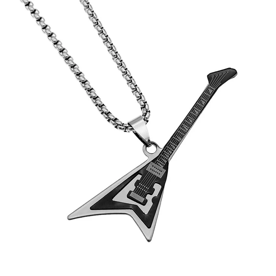 Collier guitare gothique 2 couches en acier titane pour homme, bijou musical. Un accessoire robuste et élégant pour afficher votre passion.