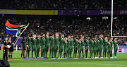 South Africa players line up before the match against New Zealand in Rugby World Cup 2019 - Pool B at International Stadium Yokohama, Japan - September 21, 2019. 