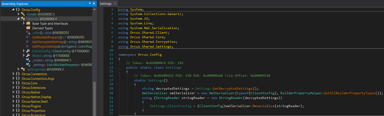 Orcus.Config.Settings class overview in DnSpy
