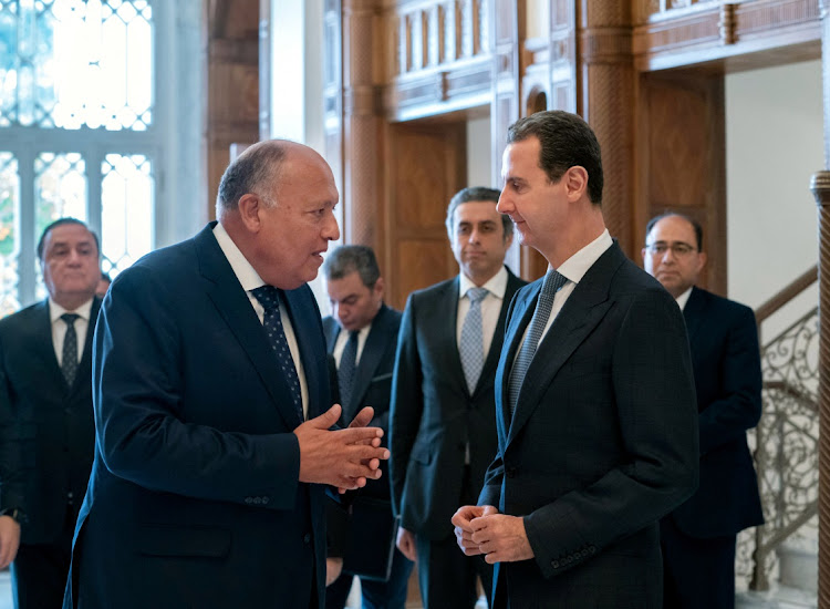 Syria's President Bashar al-Assad meets with Egypt's Foreign Minister Sameh Shoukry in Damascus, Syria on February 27 2023. Picture: Syrian Presidency via REUTERS