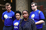 Phumzile Van Damme of the Democratic Alliance National speaks outside the Bell Pottinger offices in London. 