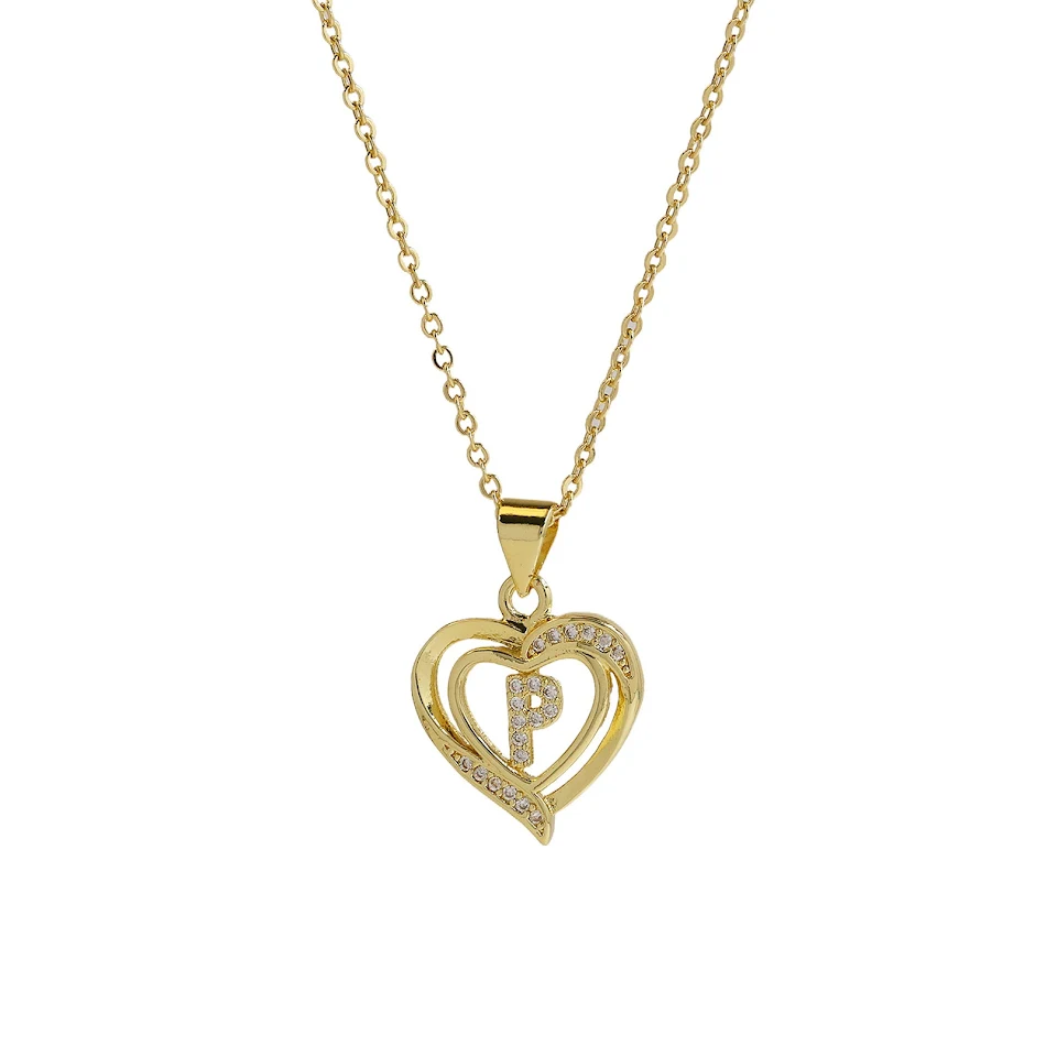 18K Messing Perzik Hart 26 Engelse Letters Ketting, een gepersonaliseerd cadeau voor haar, stijlvol en elegant.