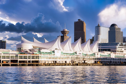 Canada Place and commercial buildings in Downtown Vancouver Viewed from water