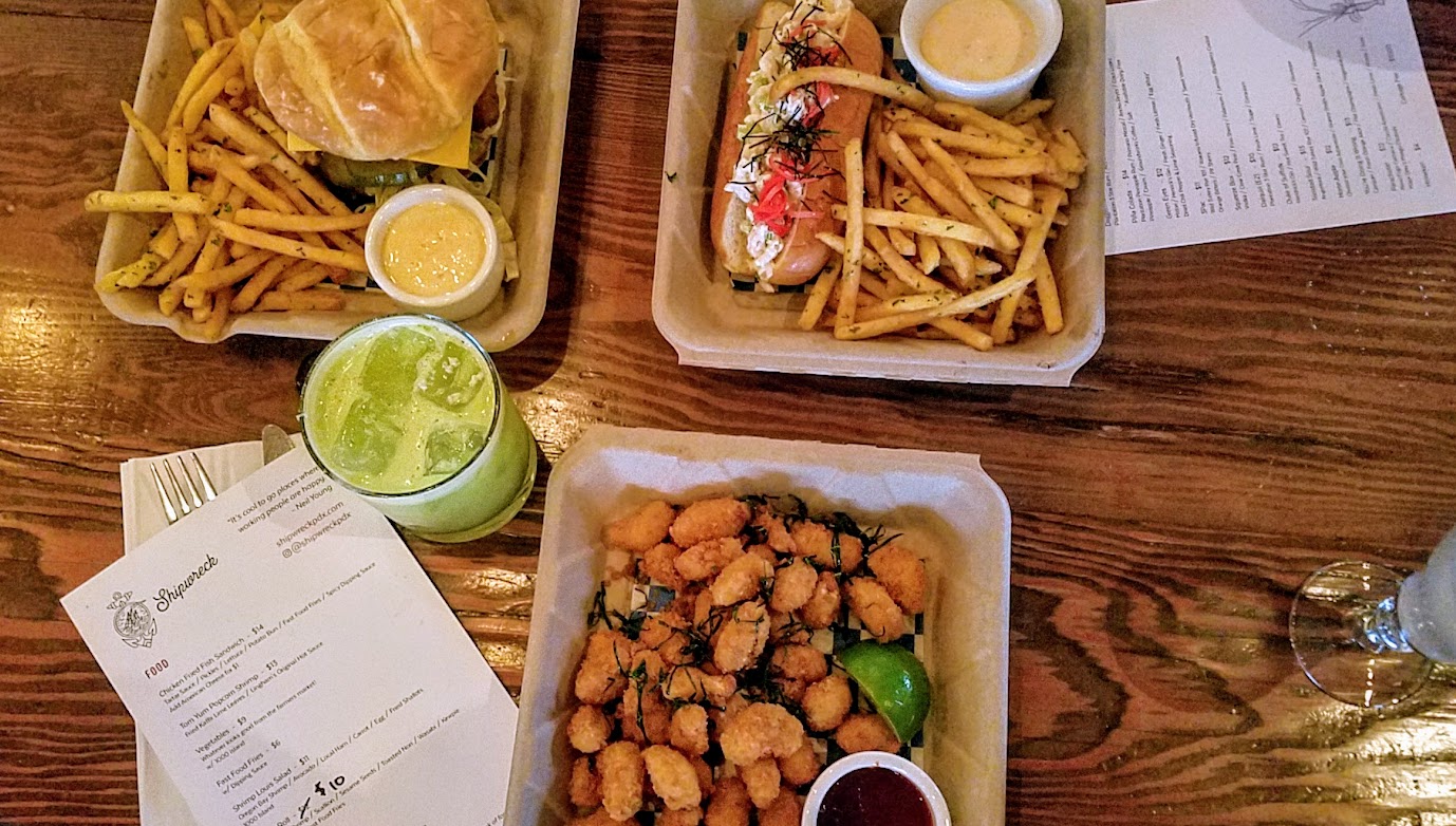 Shipwreck PDX Chicken Fried Fish Sandwich, Tom Yum Popcorn Shrimp and Shrimp Roll