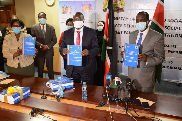 BOT chairperson Linah Jebii Kilimo, Labour CS Simon Chelagui and CAS Patrick ole Ntutu during the launch of the National Street Families Census Report at NSSF headquarters on June 10, 2020.