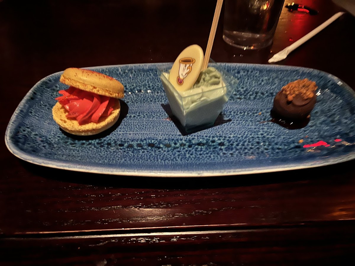 Gluten-free dessert trio (lemon raspberry macron, grey stuff, chocolate truffle)