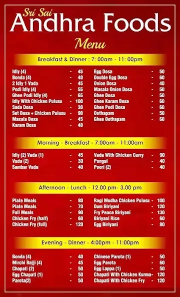 Sri Sai Andhra Foods menu 