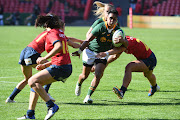  Springbok Women player Zenay Jordaan in action during the 1st Test match against Spain at Ellis Park on August 13 in Johannesburg.