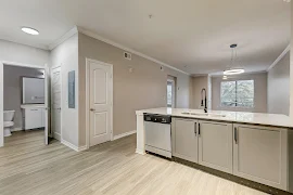 Modern apartment interior with a clean kitchen, stainless steel appliances, light wood-style flooring, and natural light.