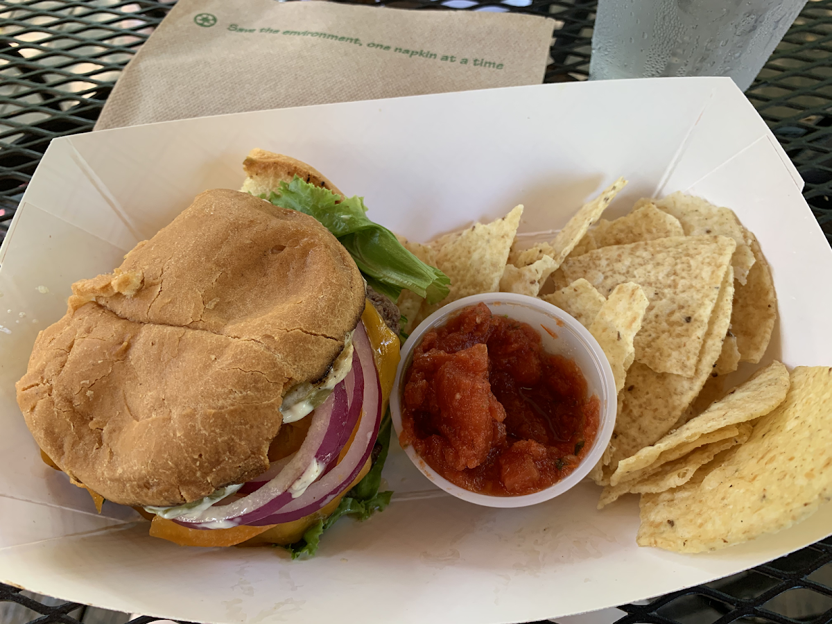 This was my meal at the Bean Trees! Super delicious GF Bacon Cheeseburger with chips and salsa.