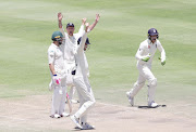 England players celebrates the wicket of Proteas captain Faf du Plessis during the last day of the test match at Newlands, Cape Town on January 07, 2019. Picture: 