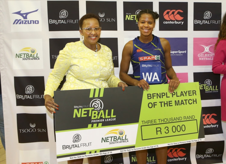 Tshina Mdau of the Jaguars (r) is awarded the Player of the Match by the Minister of Sport and Recreation, Tokozile Xasa during the 2018 Brutal Fruit Netball Premier League Final match between Gauteng Jaguars and Southern Stings at Rembrandt Hall, University of Pretoria on June 17, 2018 in Pretoria, South Africa.