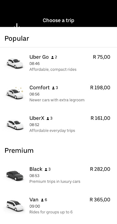 Uber prices for a trip to Sandton City.