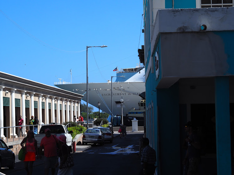 Enchantment of the Seas (RCCL) between the building while at port in Nassau.  Taken May 2015