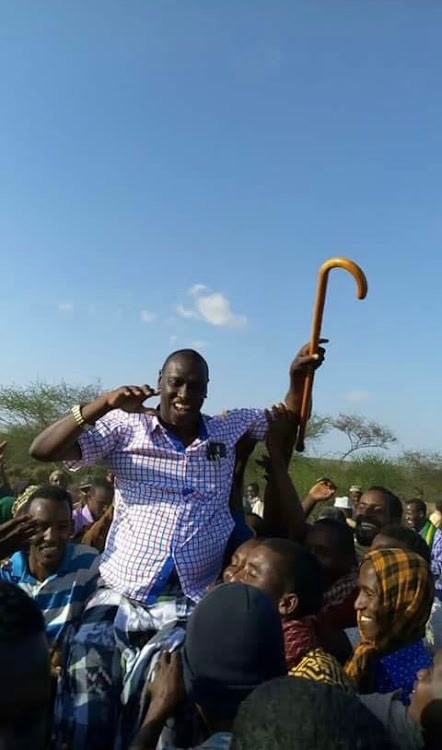 Mohamed Bardad, an aspirant for the Mandera North parliamentary seat is lifted shoulder high two weeks ago after being endorsed by his clan.