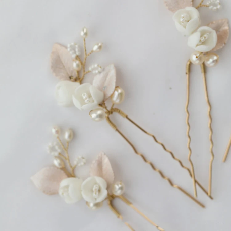 Title 6, Bridal Ceramic Flower Natural Pearl Hair Fork, ...